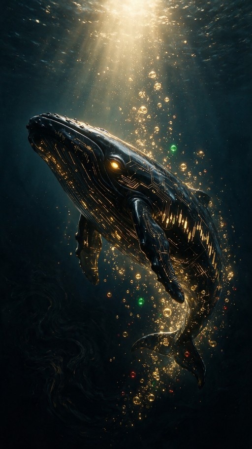 A large black robotic whale with glowing yellow eyes and gold circuitry patterns swims upward in dark water filled with bubbles and sunlight.