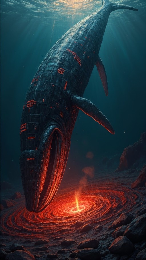 A large metallic whale with glowing cracks swims over a pool of molten lava on the ocean floor.