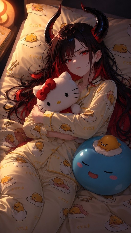 Anime-style horned girl lying in bed hugging a Hello Kitty plush, wearing Gudetama-patterned pajamas.
