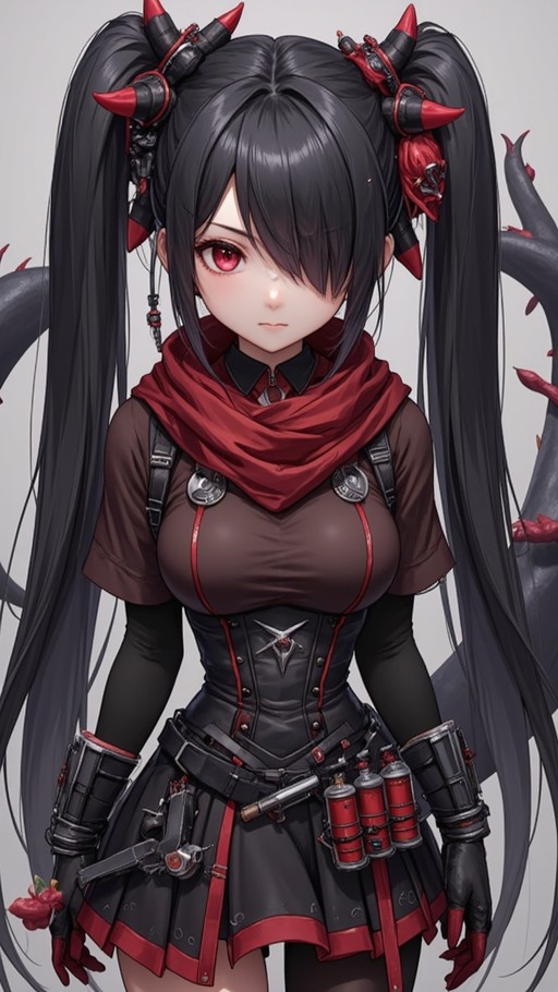 An anime-style girl with long black twintails and red eyes stands against a grey background. She has black horns with red tips and a large spiked tail, wearing a brown shirt, red scarf, black corset, pleated skirt, and asymmetrical legwear.