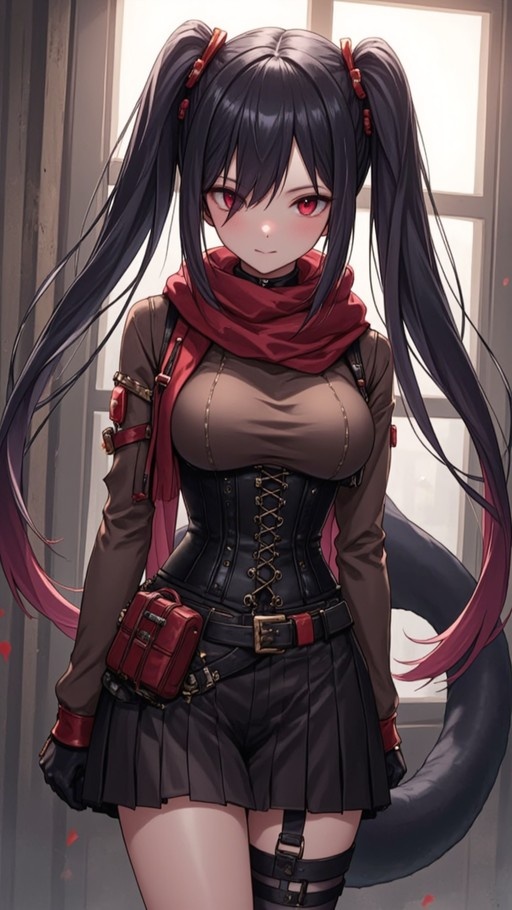 An anime-style illustration of a young woman with long black hair in pigtails and red eyes, wearing a brown shirt, black corset, and red scarf, standing indoors near a window.