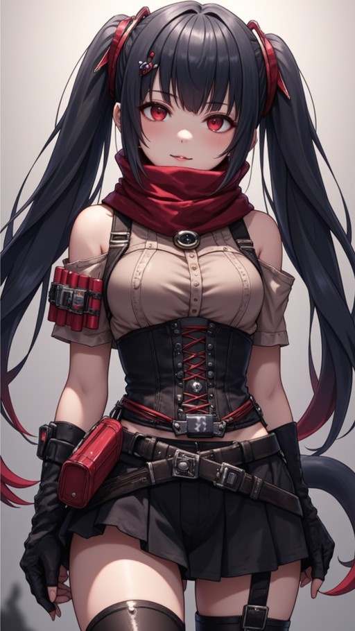 Lucia from Punishing Gray Raven with black twintails and red eyes wearing a corset and holding dynamite.