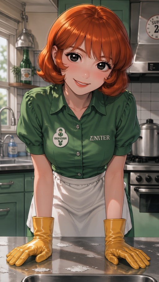 An anime-style illustration of a smiling girl with short orange hair wearing a green shirt, white apron, and yellow rubber gloves in a kitchen.