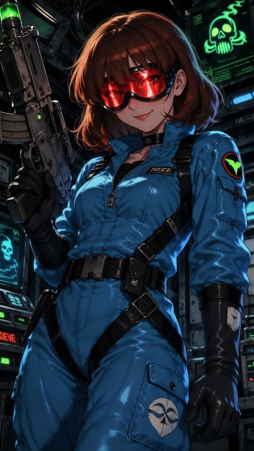 Anime-style illustration of a smiling woman in a blue jumpsuit and red goggles holding a large rifle.