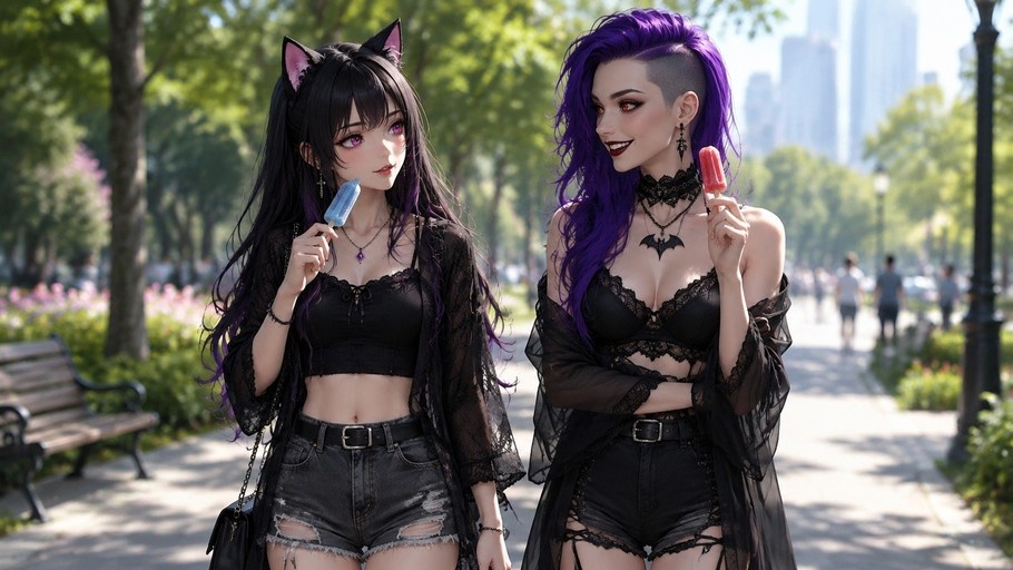 Two stylized anime girls, one with cat ears and black hair, the other with purple undercut hair, walk through a sunny park holding colorful popsicles.