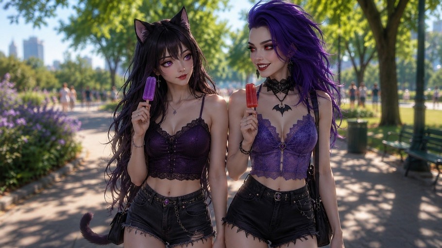 Two anime-style girls with cat ears and fangs wearing matching purple outfits and eating popsicles in a sunny park.