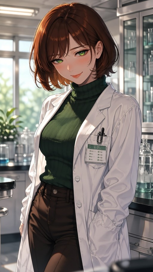 Anime-style illustration of a young female scientist with short brown hair and green eyes, wearing a white lab coat over a green turtleneck, standing in a laboratory.