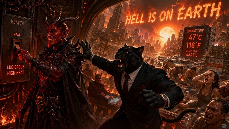 A red-skinned demon flips a switch labeled 'Ludicrous High Heat' next to an anthropomorphic black panther in a business suit, overlooking a burning cityscape with signs reading 'Hell is on Earth' and 'Feels like: Brazil'.