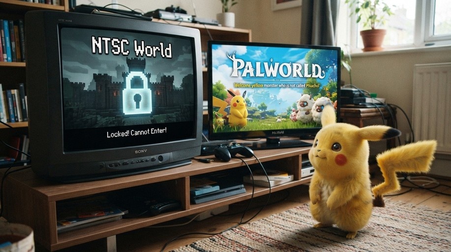 A realistic Pikachu stands on a rug next to an old CRT TV displaying "NTSC World" and a modern monitor showing the Palworld title screen.