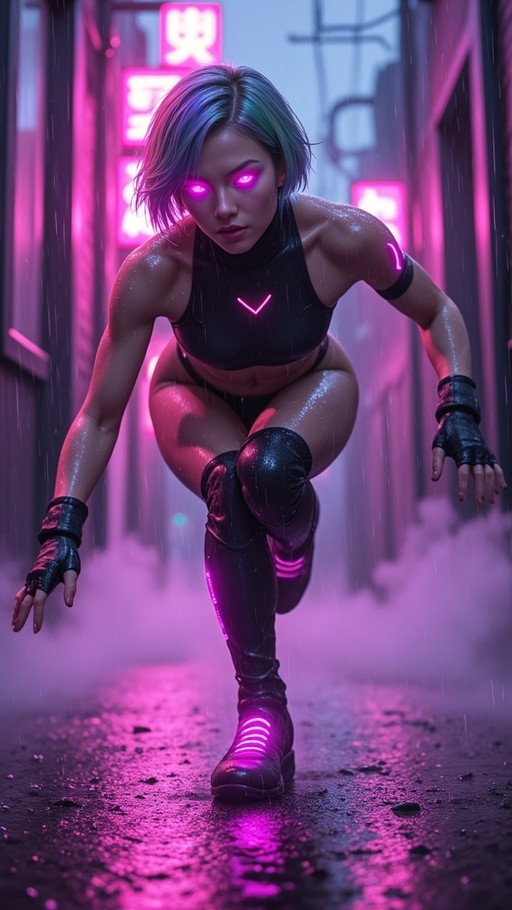 A cyberpunk woman with glowing pink eyes and short blue hair crouches in a rainy neon-lit alley, wearing a black crop top and high boots.
