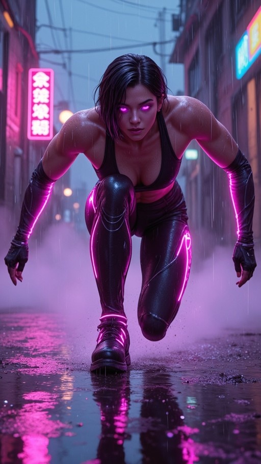 A cyberpunk woman with glowing pink eyes crouches in the rain wearing a black suit with neon accents.