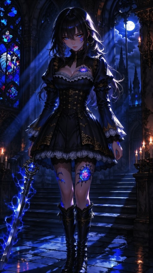 An anime-style woman in a black gothic dress holding a glowing blue sword inside a dark cathedral with stained glass windows and moonlight.