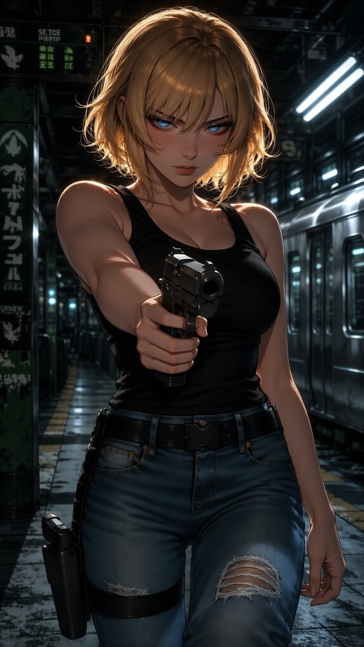 An anime-style woman with short blonde hair and blue eyes stands on a dimly lit subway platform aiming a black handgun directly at the viewer while wearing a tight black tank top and distressed denim jeans.
