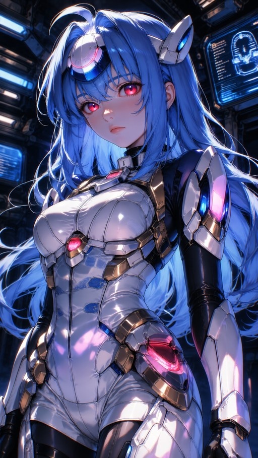 Kos-Mos from Xenosaga with long blue hair and red eyes wearing a white armored bodysuit in a sci-fi setting.