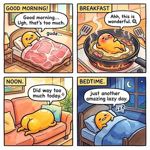 A four-panel comic featuring the lazy egg character Gudetama waking up under a bacon blanket, frying in a pan for breakfast, resting on a couch, and sleeping at night.