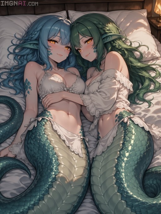 Two anime-style lamia girls with blue and green hair lying side by side on a bed, wearing white sleepwear and displaying their scaled tails.