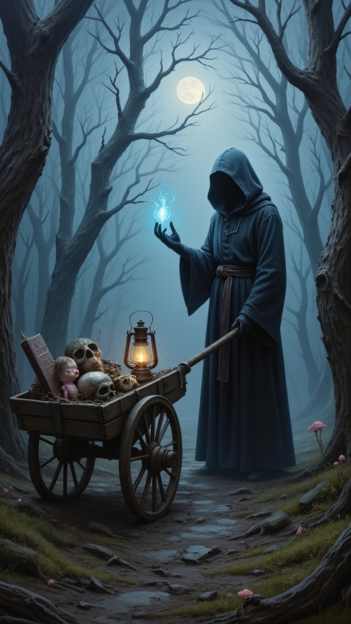 A hooded figure in a dark robe stands in a foggy forest under a full moon, holding a glowing blue flame while pushing a wooden cart filled with skulls and a lit lantern.