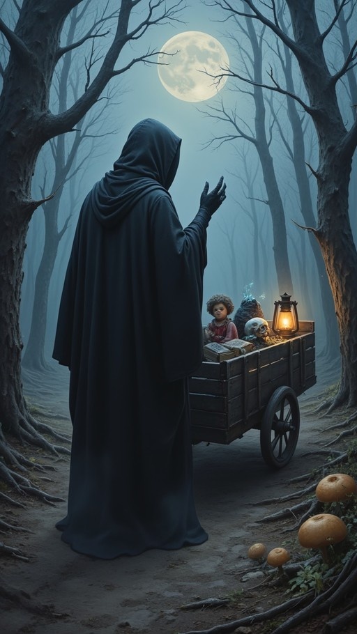 A hooded figure in a dark cloak reaches toward a full moon in a misty forest, standing beside a wooden cart filled with books, a skull, and a doll.