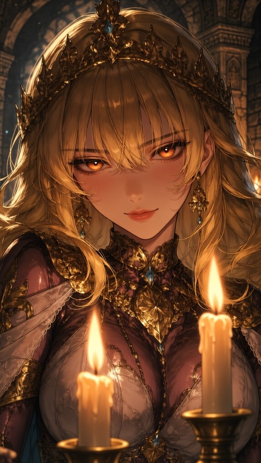 A close-up of a blonde anime princess with orange eyes wearing a gold crown and earrings, standing in front of two lit candles in a dark stone room.