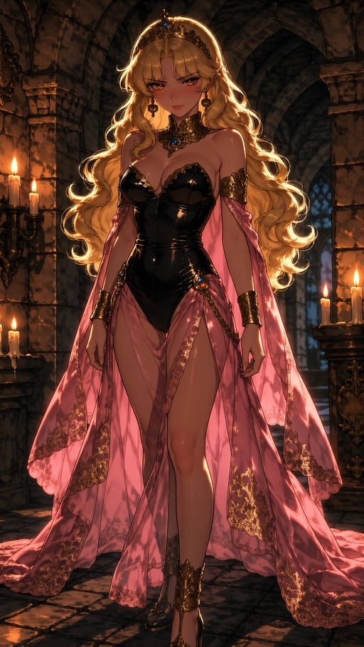 Full-body digital illustration of Princess Peach with long blonde hair and a golden crown, wearing a shiny black strapless bodysuit and a flowing pink cape with gold trim, standing in a stone hallway lit by candles.