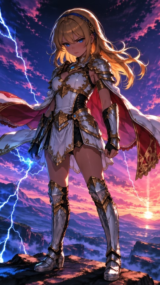 Blonde anime knight in white and gold armor with a red cape stands on a cliff against a pink sunset sky with blue lightning.