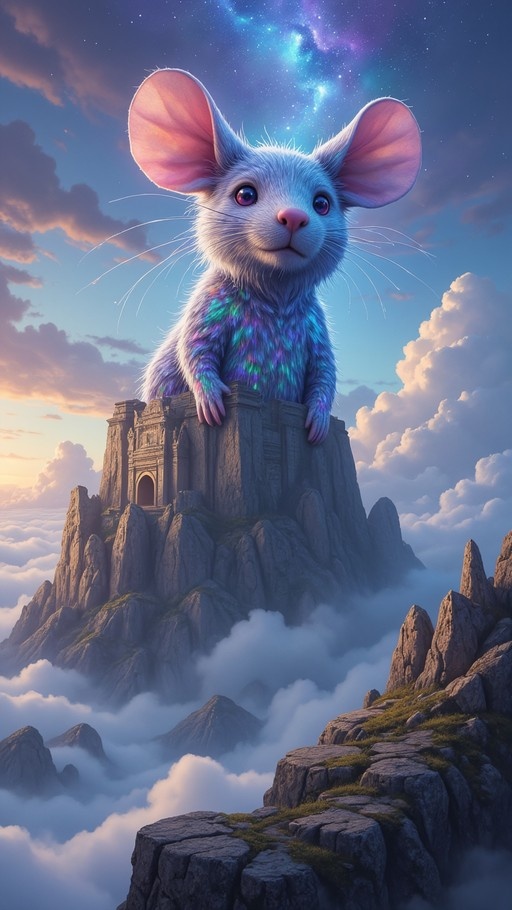 A giant white mouse with iridescent fur sits on a stone ruin above the clouds under a starry sky.