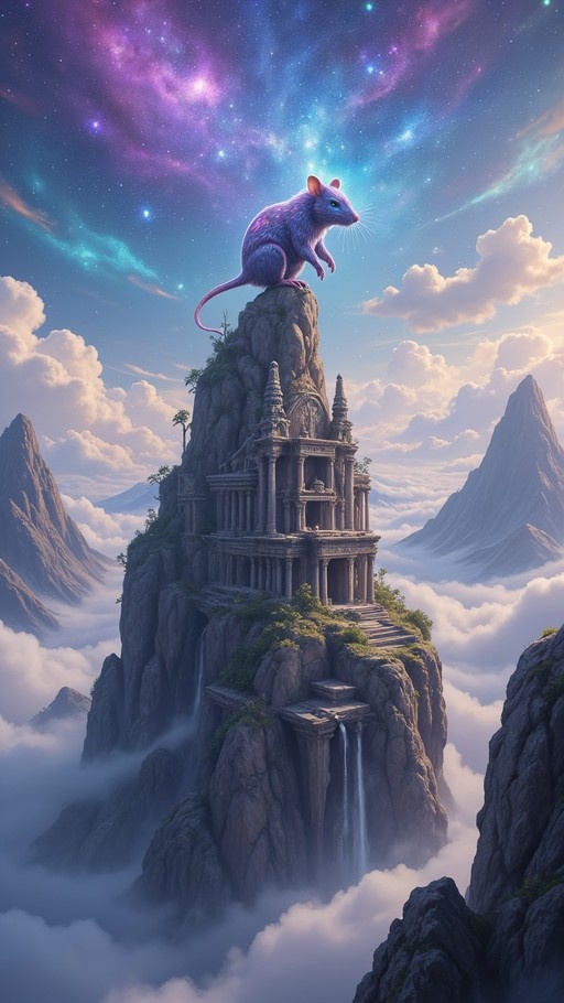 A large purple mouse stands on top of a rocky spire with an ancient temple structure, surrounded by clouds and waterfalls under a colorful starry sky.