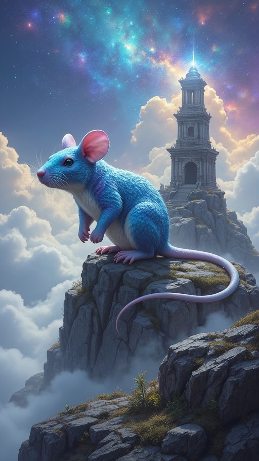A large blue mouse with pink ears and tail sits on a rocky outcrop above the clouds, with an old stone tower visible in the distance under a colorful galaxy sky.