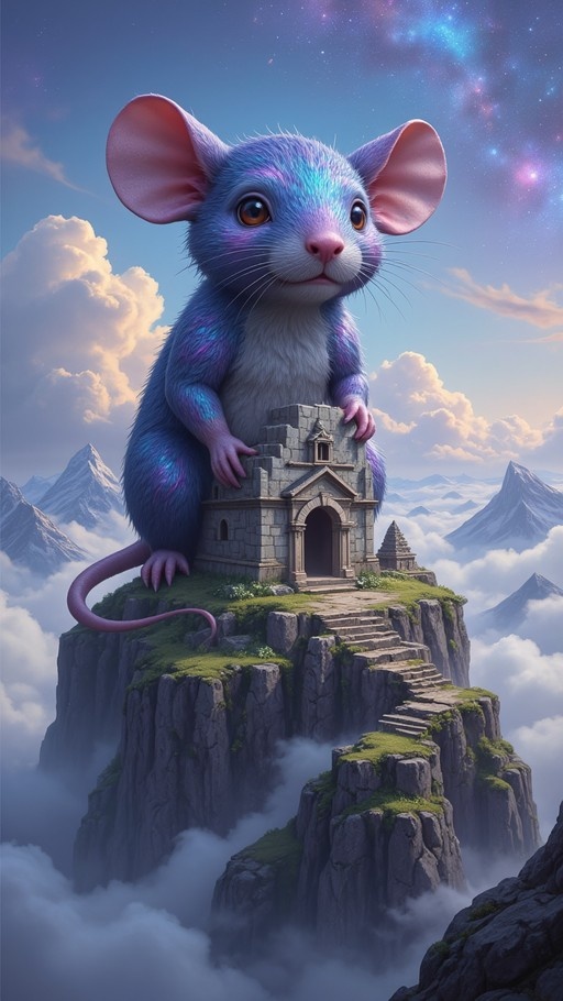 A large blue mouse with pink ears sits on a mountain peak next to a small stone building, looking out over clouds under a starry sky.