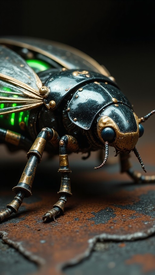 A close-up of a mechanical beetle with black and gold armor and glowing green wings resting on rusted metal.