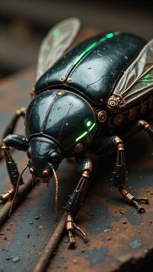 Close-up of a realistic cybernetic beetle robot with glowing green lights and metallic legs on a rusty surface.