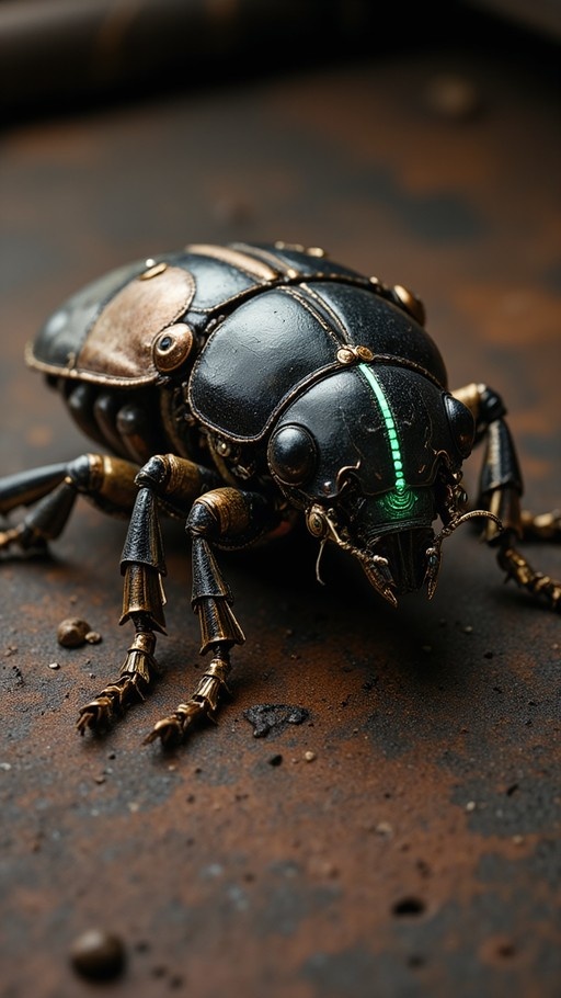 Close-up of a mechanical beetle with a black shell, gold joints, and a glowing green light on its head.