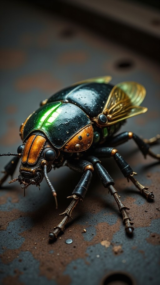 A detailed mechanical beetle with a shiny green shell and brass legs standing on rusted metal.