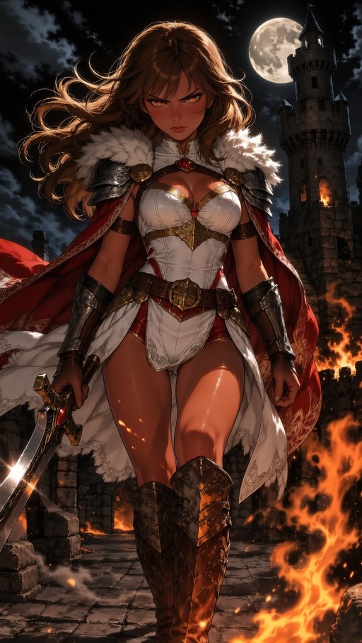A determined female warrior in white and gold armor with a fur-trimmed red cape stands holding a sword in front of a burning castle tower under a full moon.