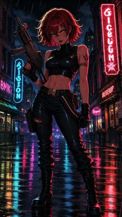 Full body shot of a red-haired anime woman in black tactical clothing holding a large gun on a wet city street at night with neon signs.