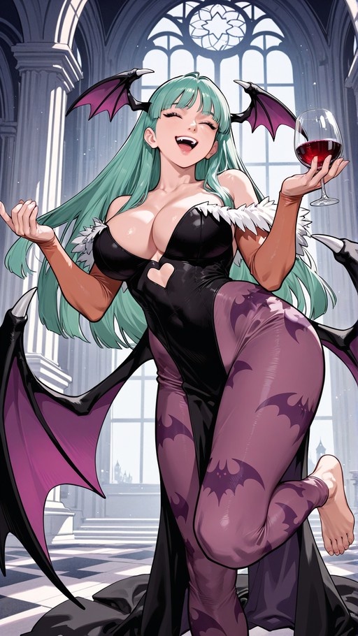 Morrigan Aensland holding a wine glass in a black leotard and purple pantyhose.