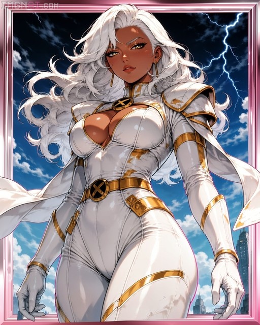 Digital illustration of the Marvel character Storm with long white hair and a white bodysuit standing against a stormy sky with lightning.
