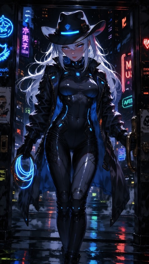 Anime woman with white hair and black hat holding a glowing blue whip in a cyberpunk doorway.