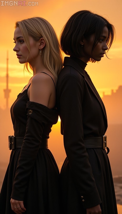 Two women standing back-to-back in profile against a golden sunset, one with long blonde hair and the other with short dark hair, both wearing black outfits.