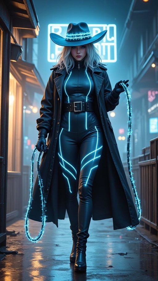 A blonde woman in a cyberpunk cowgirl outfit with glowing blue lines on her bodysuit and trench coat, holding electrified whips while walking down a wet city street at night.