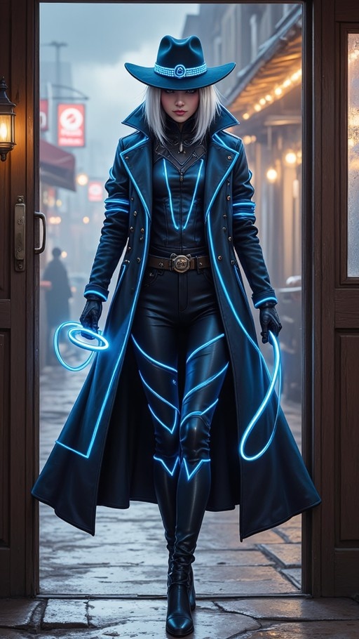 A woman with short white hair wearing a black leather trench coat and bodysuit outlined in blue neon light, holding a glowing blue whip while standing in a doorway.