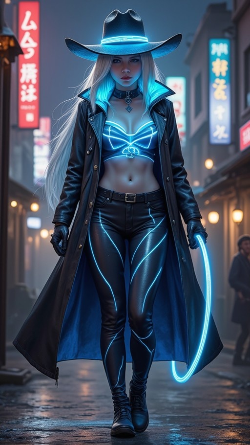 A cyberpunk cowgirl with long white hair walks down a wet street at night holding a glowing blue whip, wearing a black cowboy hat and trench coat over a neon outfit.