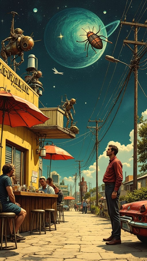 A man in a red shirt stands on a cobblestone street looking up at a giant beetle flying past a large teal planet with rings, while people sit at an outdoor cafe nearby.