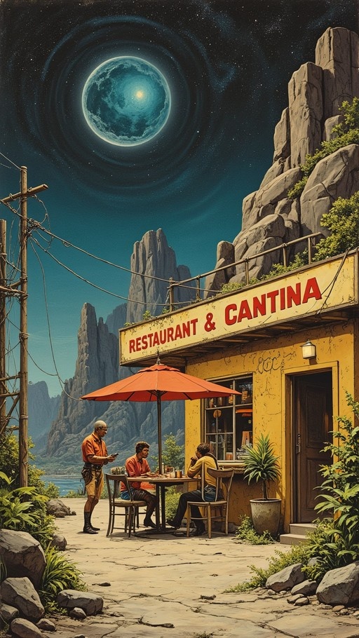 A digital illustration of a yellow restaurant and cantina built into rocky cliffs under a night sky featuring a large ringed blue planet. Three men are outside; one stands while two sit at a table under an orange umbrella near a potted plant.