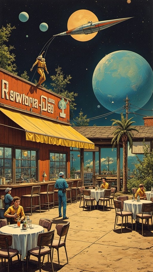 A retro-style illustration of an outdoor diner under a starry sky with large planets visible. People dine at tables while a figure in a gold suit stands on the roof near a spaceship.
