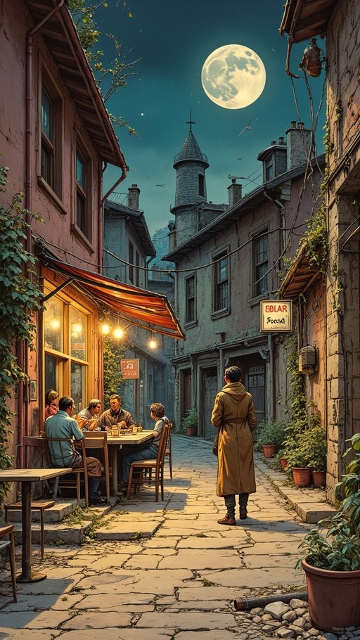 A person in a long coat stands on a cobblestone street at night, looking towards a group of people dining outside a warmly lit cafe under a large full moon.