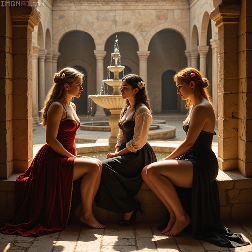 Three women with blonde, brunette, and red hair wearing period gowns sit on a stone ledge near a tiered fountain in the sunlit courtyard of Garcimuñoz Castle.