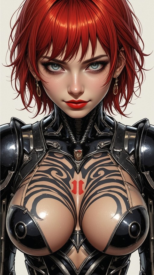 Close-up of a red-haired woman in shiny black armor with chest tattoos and dangling earrings.