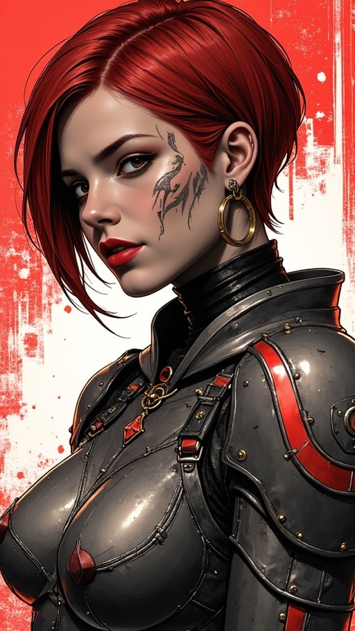 A digital illustration of a woman with short red hair and black tribal face tattoos wearing metallic armor with red accents and large gold hoop earrings against a textured red background.