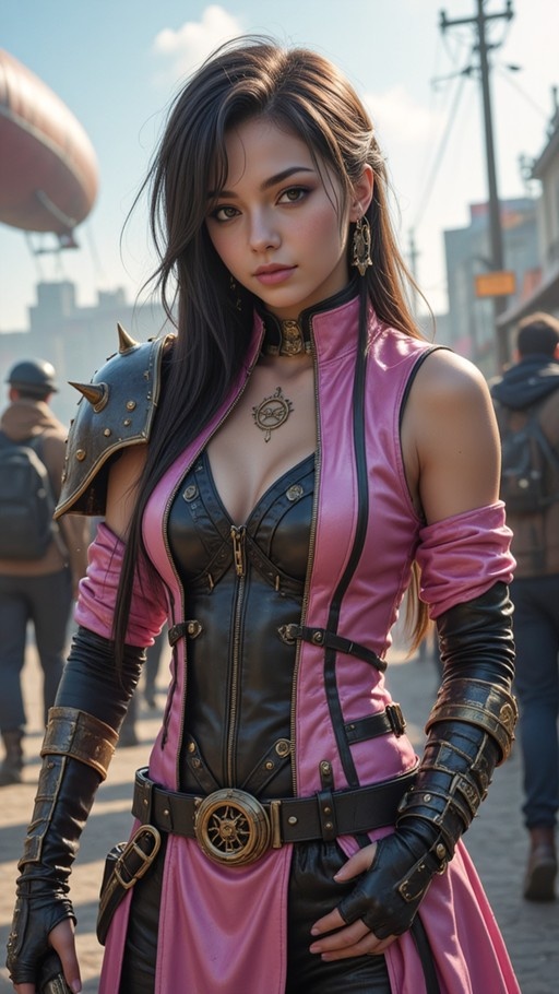 A realistic portrait of a young woman in a pink and black steampunk outfit with a spiked shoulder pad, standing on a street with a blimp in the background.